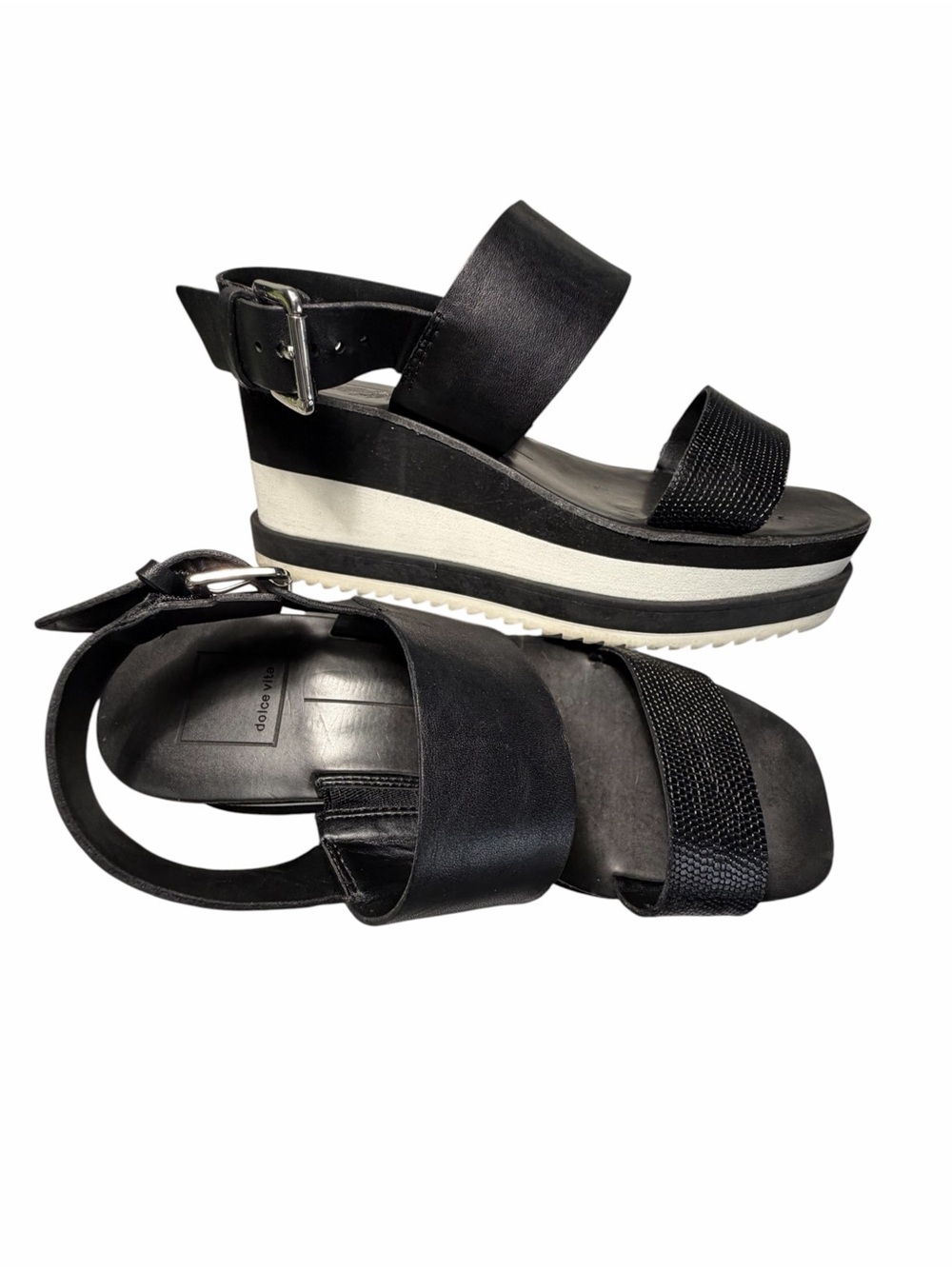 Dolce Vita Idra Black Leather Platform Wedge Sandals with Ankle Strap Womens 7